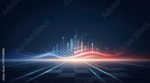 Futuristic American flag colors forming a glowing digital city skyline over a tech grid floor. Dynamic copy space for Independence Day holiday banners, Memorial Day events, and patriotic backgrounds.