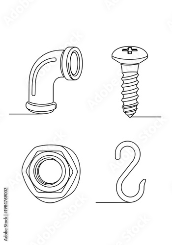 Continuous Line Drawing Set of Hardware Industrial Parts Including Elbow Pipe, Screw, Hex Nut and Hook, Minimalist Outline Construction Tools