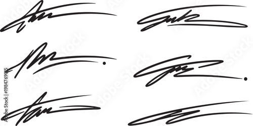 Six elegant black signatures with flowing lines on transparent background, unique handwritten styles for personal branding.