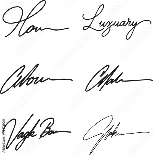 Signature collection with elegant script handwritten cursive calligraphy names featuring stylish flourishes and organic ink strokes.