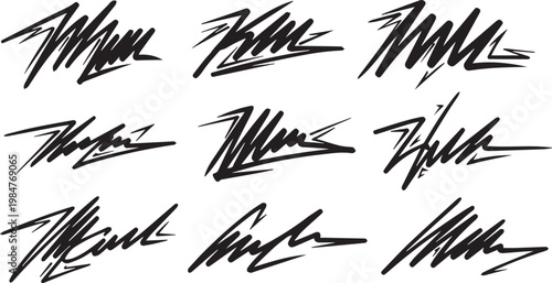 Abstract graffiti style signature set with sharp energetic lines and aggressive ink strokes for urban streetwear apparel design.