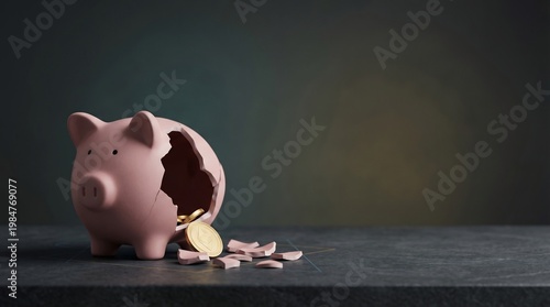 Piggy bank broken, coins spilling, financial loss.