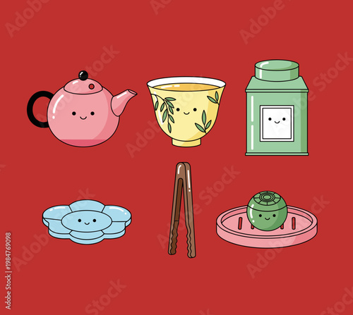 Kawaii Style Chinese Tea Set Illustration Featuring Smiling Teapot, Teacup, Tea Caddy, Plate, Tongs and Dim Sum Basket on Red Background Vector