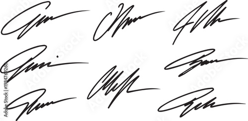 Eight black cursive handwritten signatures on transparent checkered background, elegant autographed scripts, professional personal writing examples.