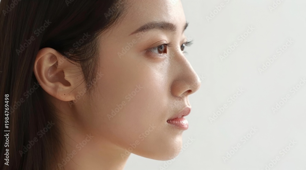 Fototapeta premium Profile portrait of a young woman with natural makeup and soft lighting