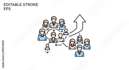 Teamwork and growth concept with connected people and upward arrow.