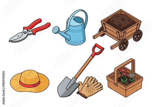 Isometric Gardening Tools and Equipment Set, Outdoor Horticulture Collection with Watering Can, Wheelbarrow, Shovel, Pruning Shears and Flower Basket