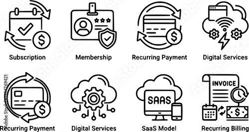 Black line subscription icons set, recurring payment, membership, SaaS and digital services concept, outline vector isolated on white background