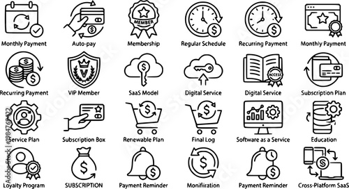 Black line subscription icons set, recurring payment, membership, SaaS and digital services concept, outline vector isolated on white background