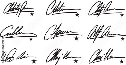 Set of nine black handwritten signatures with star elements on transparent background graphic vector collection for business.