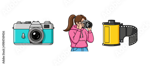 Vintage Photography Concept with Analog Camera and Film Roll, Girl Photographer Character Holding Camera Taking Photos Vector Illustration Set Design