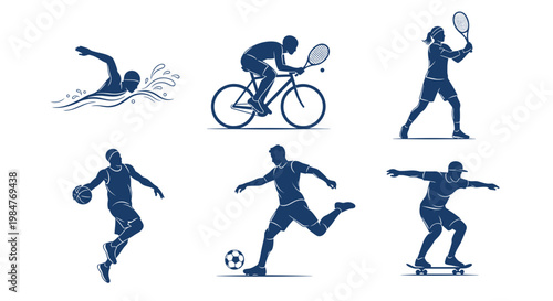Professional Athletes and Sports Activities Silhouettes Set, Male and Female Figures Swimming, Cycling, Tennis, Basketball, Soccer and Skateboarding