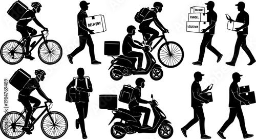 Black silhouettes of delivery couriers riding bikes and scooters, carrying packages, urban gig economy concept isolated on white background