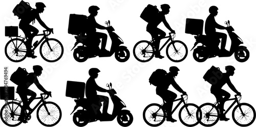 Black silhouettes of delivery couriers riding bikes and scooters, carrying packages, urban gig economy concept isolated on white background