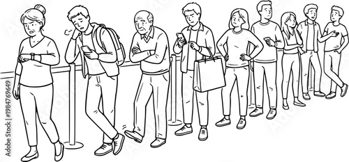 Black line people standing in queue, waiting line with different poses, impatience and social behavior concept isolated on white background