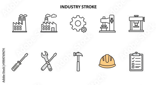 Industry icons set with factory tools and machinery symbols.