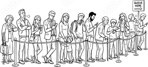 Black line people standing in queue, waiting line with different poses, impatience and social behavior concept isolated on white background