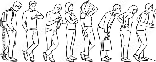 Black line people standing in queue, waiting line with different poses, impatience and social behavior concept isolated on white background