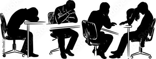 Black silhouettes of office worker burnout, slouched sitting, head on desk, stress and work fatigue poses isolated on white background