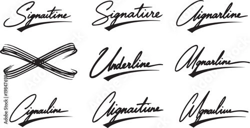 Signature and underline handwritten vector set, various styles for design and branding on transparent background.