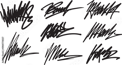 Expressive street art graffiti tags set featuring messy handdrawn marker strokes and urban calligraphic scribbles on transparent.