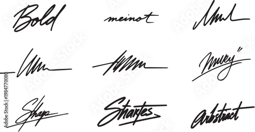 Professional handwritten signature collection with stylish script font variations for identity branding and document validation.