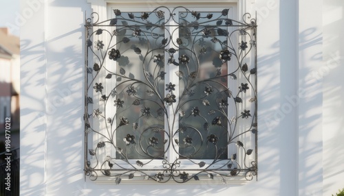Medium shot of ornate floral metal window grilles highlighting intricate craftsmanship combining security with elegant natural motifs on a bright exterior wall.