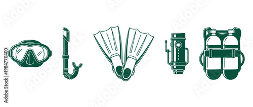 Professional Scuba Diving Equipment Icons Set, Underwater Snorkeling Gear Including Mask Fins Snorkel and Oxygen Tank Vector Illustration Symbols