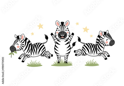 Happy Baby Zebra Characters Running and Playing, Cute African Safari Animal Set with Stars and Grass Vector Illustration for Children Design Decor