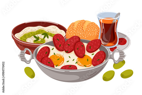 Traditional turkish breakfast illustration with cooked egg, sucuk sausage, yogurt dip haydari, tea and pogaca bread. Cuisine meal in cartoon for menu, cafe design.