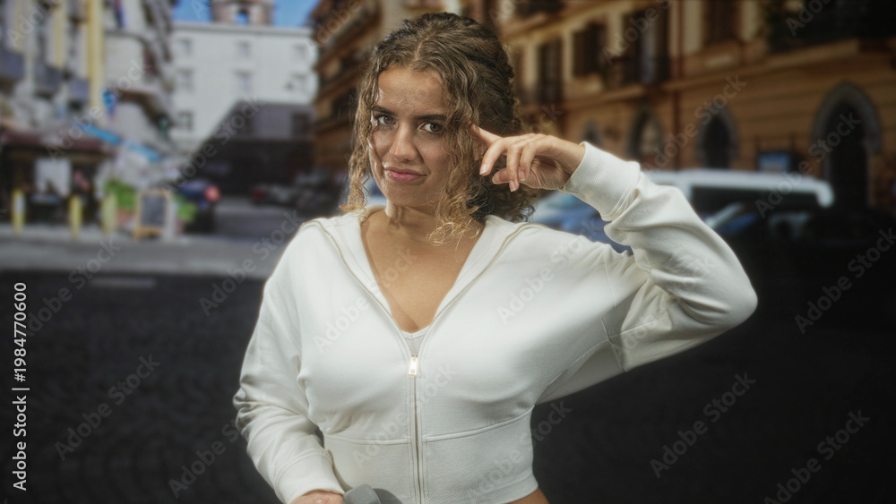 Obraz premium Woman with finger to temple holding dumbbell on a cobbled street near buildings and parked van; serenity focus.