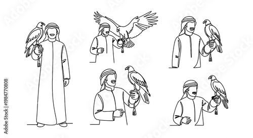 Foto Arab men with traditional headdress and falcons in a line art style