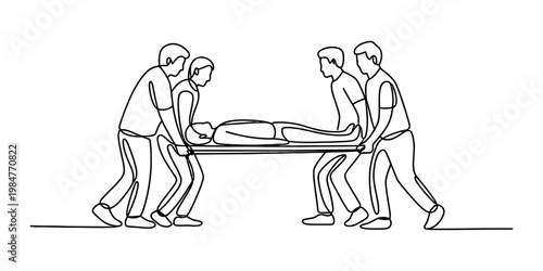 Continuous line drawing of rescue team carrying an injured person on a stretcher to safety.