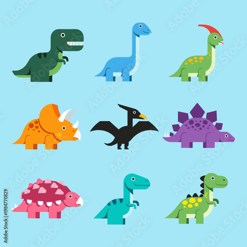 Colorful Flat Dinosaur Characters Set Including Tyrannosaurus Brachiosaurus Triceratops and Pterodactyl, Prehistoric Animal Icons for Kids Education