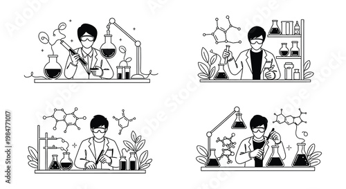 Scientists conducting experiments in a laboratory setting with various glassware