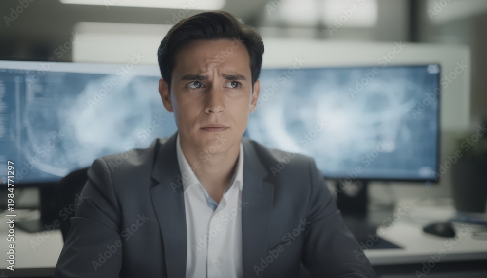 Fototapeta premium Close medium shot on an underwriters face illuminated by AI software windows one monitor shows risk flags while the rest of the room is out of focus.