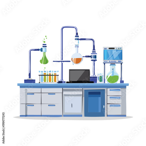 Laboratory equipment illustration featuring beakers test tubes and computer screen