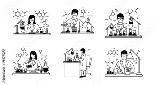 Scientists conducting experiments in a laboratory setting with various glassware