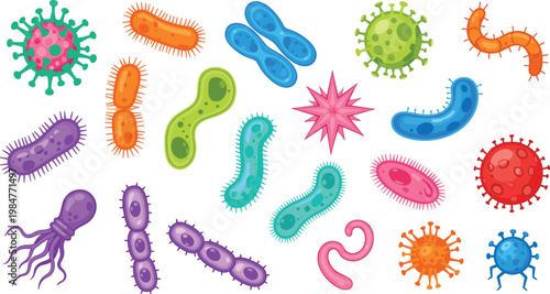Colorful Microorganisms Bacteria and Viruses Vector Set Featuring Diverse Pathogen Shapes Germs Microbes and Biological Cell Structures for Science Education