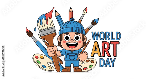A cheerful cartoon artist in a blue outfit celebrates World Art Day, holding a large paintbrush against a background of art supplies and a colorful palette, rendered in a vibrant, playful