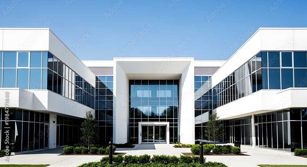 Fototapeta premium Modern office building with glass windows and blue sky