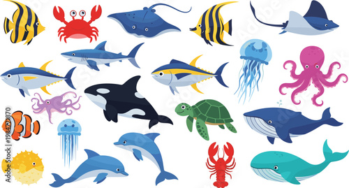 Cute cartoon sea animals vector set featuring whale shark dolphin octopus orca turtle jellyfish and tropical fish illustrations for marine life educational materials and nursery room wall art decor