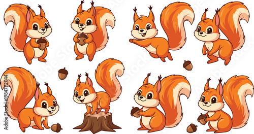 Cute cartoon squirrel vector character set featuring various poses with acorns and tree stump illustrations for autumn forest themed designs children book graphics and nursery decor
