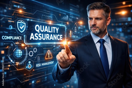 Businessman Touching Virtual Screen for Quality Assurance System