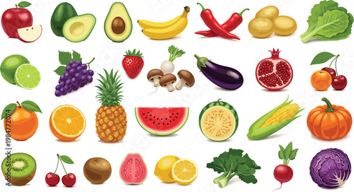 Fresh fruit and vegetable vector icon set featuring apple banana strawberry avocado pineapple watermelon broccoli and more healthy organic food illustrations for grocery marketing and culinary designs
