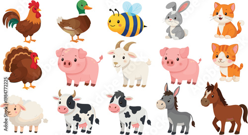 Cute cartoon farm animals vector set featuring cow pig horse sheep goat rooster duck bee rabbit and cat illustrations for children educational materials and nursery decor