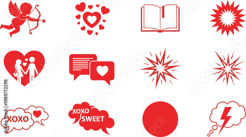 Red romantic vector icon set with Cupid heart shapes book couple in love starburst speech bubbles and lightning cloud elements for Valentines day designs and wedding greeting card decorations