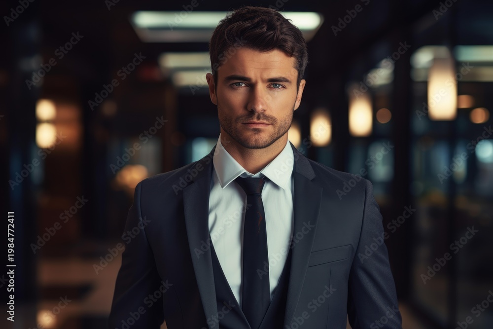 Fototapeta premium Confident young man in a dark suit looking directly at the viewer
