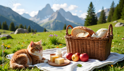 Cuddly cat enjoying picnic in alpine meadow, serene relaxation