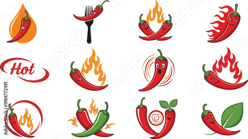 Set of cartoon red hot chili pepper characters with fire flames and spicy food icons for restaurant logo, menu design, and mexican cuisine branding vector illustrations.